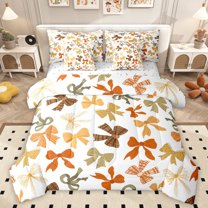 Homewish Girl Lovely Bowknot 7-Piece Twin Bedding Sets,Polka Dots Ribbon Bow Bedding Comforter Set,Beige Brown Sheet Sets For Kids,Ultra Soft Home Decor Reversible