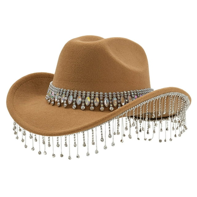 Aocisk Stylish Western Cowboy Hat For Women Men With Large Round Gemstone Rhinestone Fringe Decorations Ideal Party Event Accessory Khaki One Size