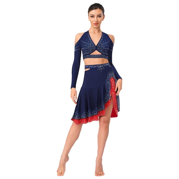 SiiRoh Women 2Pcs Jazz Latin Dance Suit Halter Long Sleeve Crop Top Sides Cut Ruffled Skirt Navy Blue L