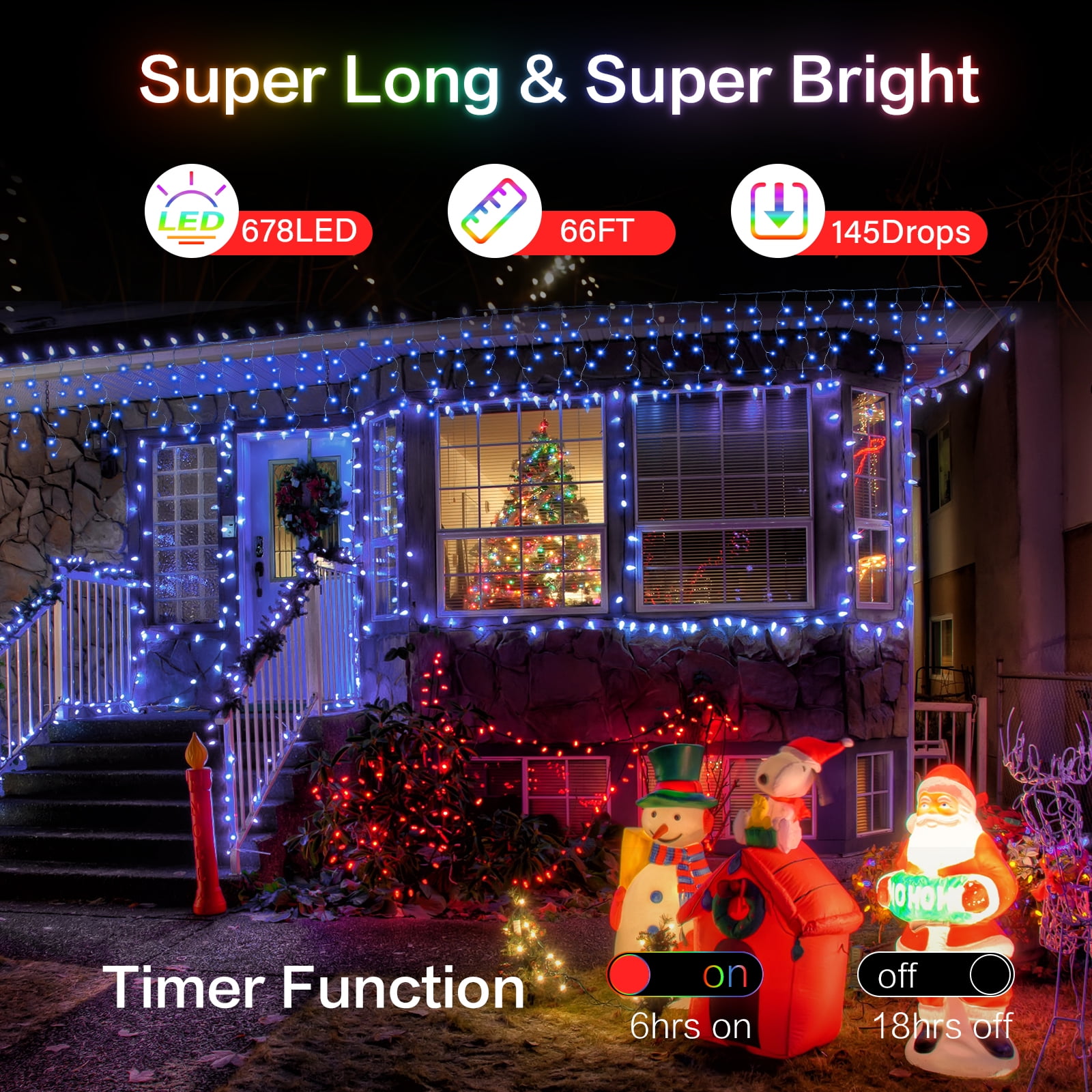 678LED Christmas Lights Outdoor, 66FT 8 Modes Icicle Lights for Outside 145 Drops Waterproof Icicle String Lights Plug in Connectable Hanging Lights for Outdoor Roof Indoor House Decor,Blue