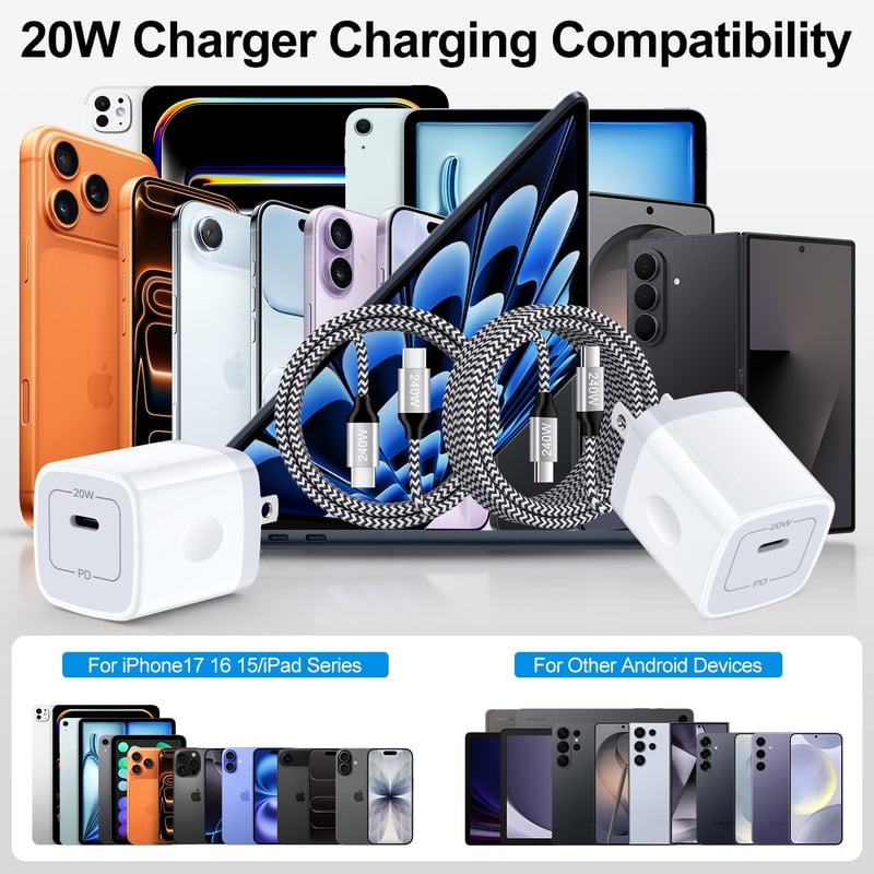 2 Pack PD 20W Fast Wall Charger Block, 20W Phone Charger with 6FT Type C Charger Block Cables, Compatible with iPhone 17/16/15 Pro Max iPad Pro Galaxy S26 Android,White