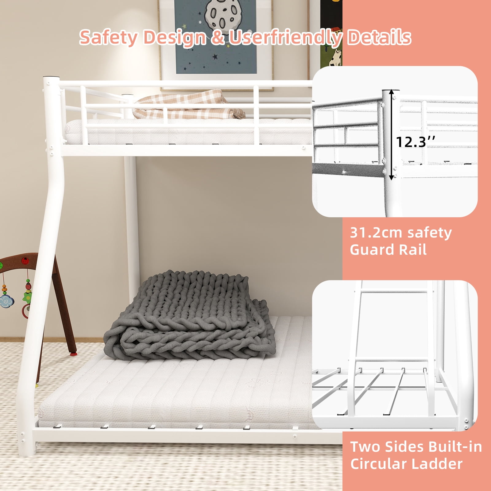 Alvantor Twin over Full Bunk Bed for Kids & Adults Low Metal Heavy-Douty Bunk Beds Frame with Full-Length Guardrails White