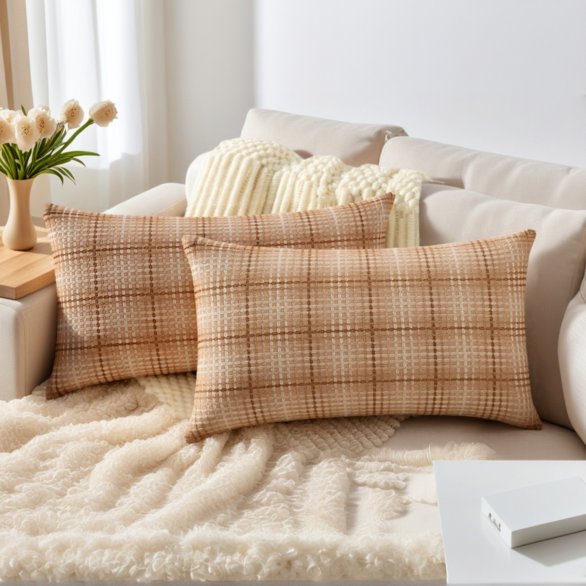 Unique Bargains Plaid Decorative Throw Pillow Covers Pack of 2 Khaki 20" x 12"