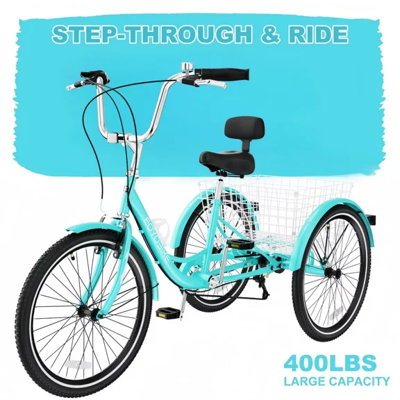 Lilypelle Adult Tricycles 7 Speed 26 inch Three Wheel Bike Cruiser Trike with Low-Step Through Frame/Large Basket for Men, Women, Seniors,Cyan