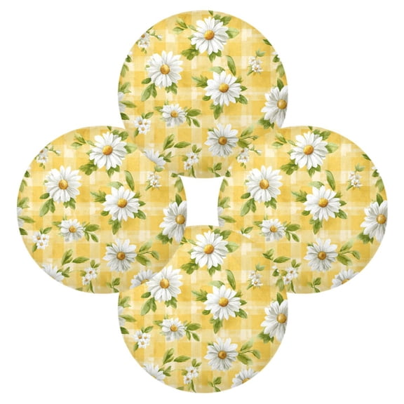 Round Placemats Set of 4 Heat Resistant Washable Kitchen Table Decorations 15.4in Yellow Gingham with Daisies Pattern
