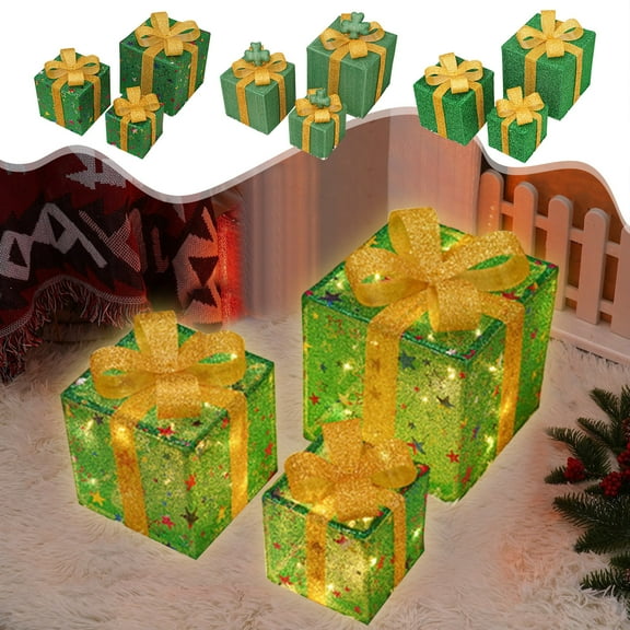 ABPWLY Home Set of 3 Christmas Lighted Gift Boxes with LED Lights Remote Control Green for Outdoor Yard Decor Room Decor
