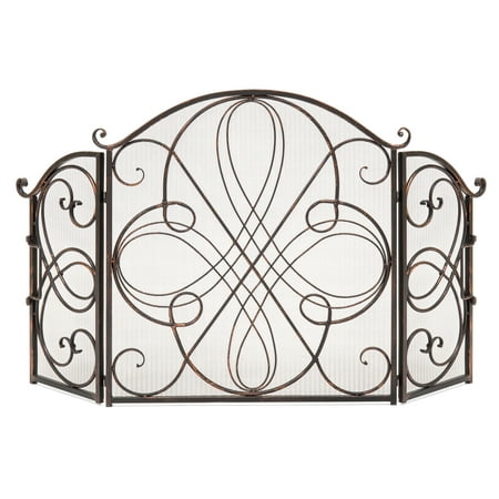 Best Choice Products 3-Panel Solid Wrought Iron See-Through Metal Fireplace Safety Screen Protector Decorative Scroll Spark Guard Cover, Antique Bronze