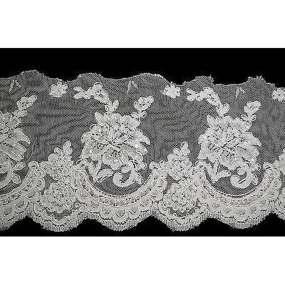 Lily 7.5" White Corded Pearl Beaded Sequins Gorgeous Scalloped Lace Trim by Yard
