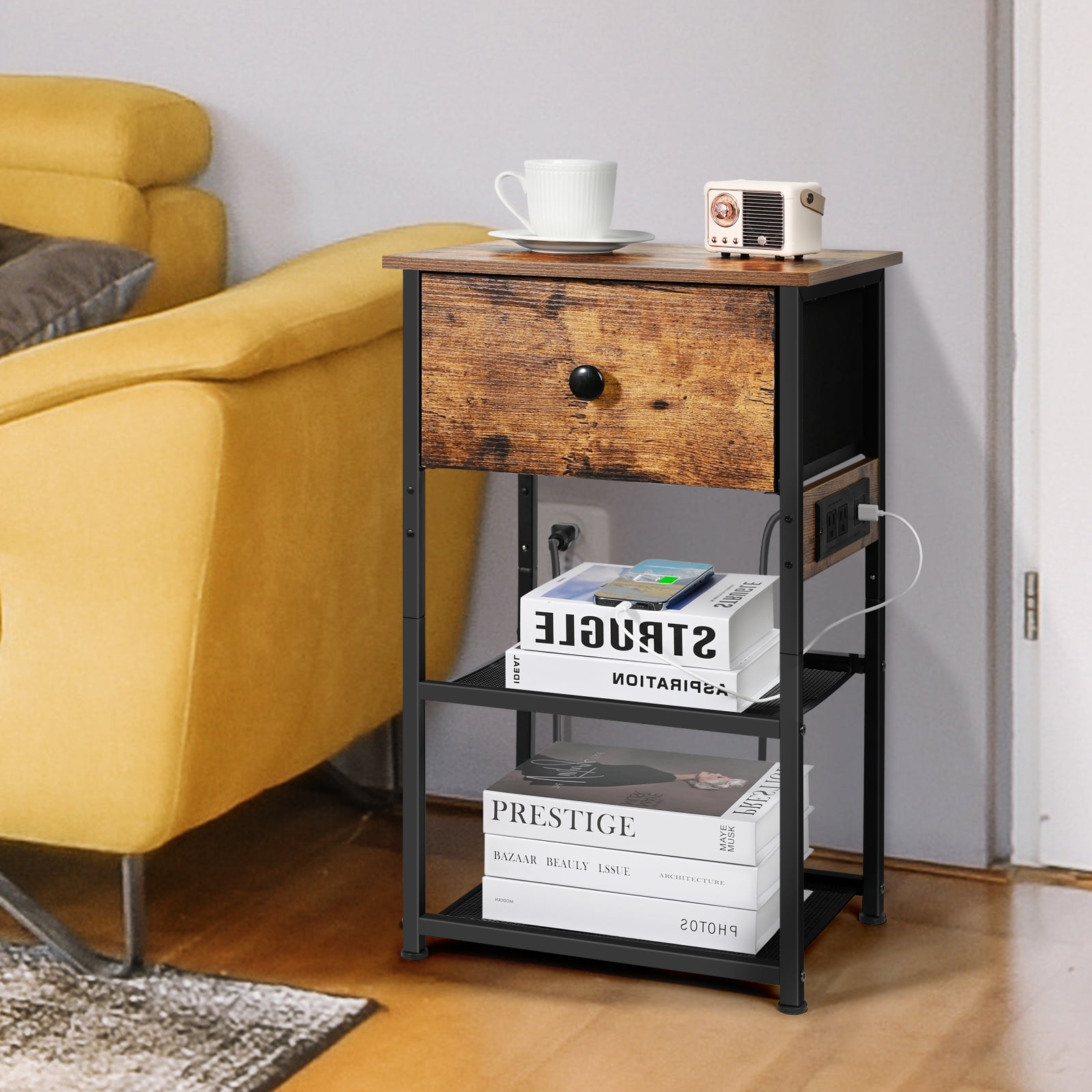 Ollieroo Modern Nightstand with 2 Storage Shelves & Charging Station, Rustic Brown