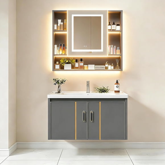 Gabinete de Baño de Lavamanos y Armario con Espejo Ajustable en 3 Colores, Armario de Pared para Baño con Grifos de Agua Caliente y Fría, Tuberías de Desagüe, Estante, 60 * 40 * 38cm (Gris)