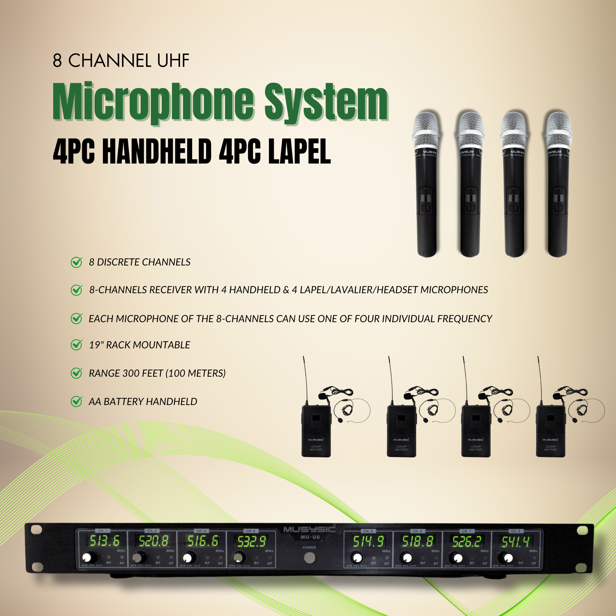 MUSYSIC Professional Wireless Microphone System 8 Channel UHF 4 Handheld 4 Lavalier Microphones