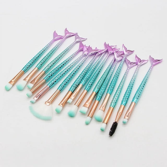 Juego de brochas de maquillaje, 15 piezas, brocha de maquillaje de sirena 3D, brochas cosméticas, sombra de ojos, delineador de ojos, brochas para colorete (sirena colorida)