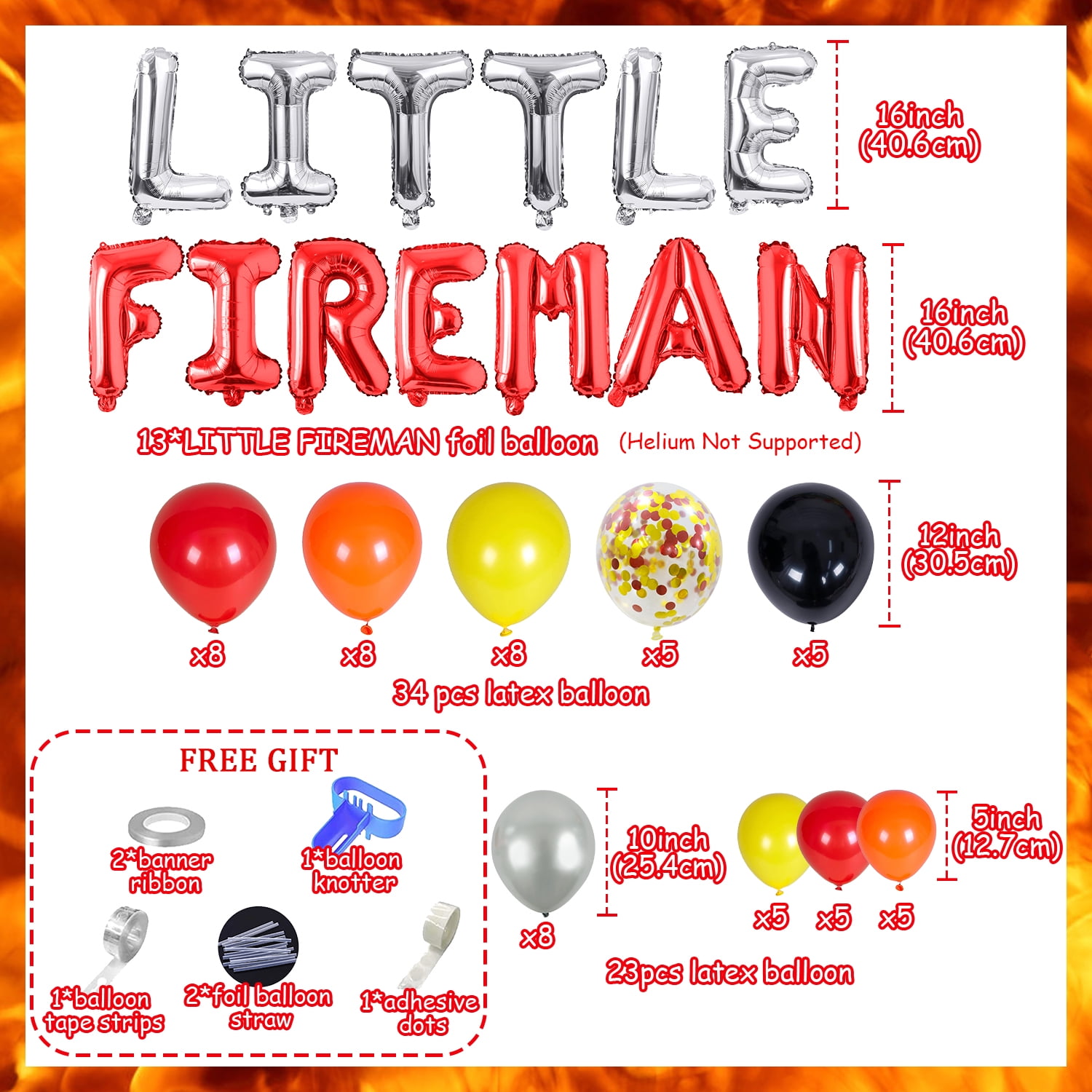 Little Fireman Birthday Party Supplies, Fire Truck Birthday Decoration, Red Orange Yellow Latex Balloons Arch Kit, Fire Engine Foil Balloons for Boys Adults Fire Themed Birthday Party Supplies
