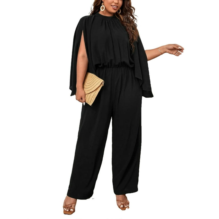 Elegant Plain Stand Collar Cape Long Sleeve Black Plus Size Jumpsuits Women s Plus