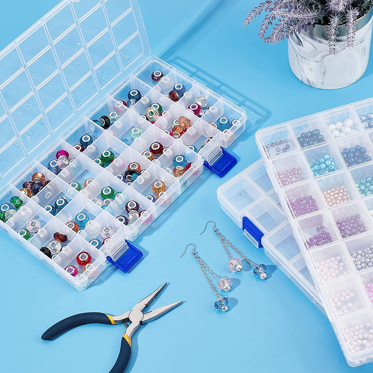 1bag PH 3 Pack Plastic Organizer Box 28 Grids Bead Organizer with Dividers Adjustable Clear Plastic Bead Case Storage Container for Jewelry Beads Earring Fishing Hook Small Accessories Clear