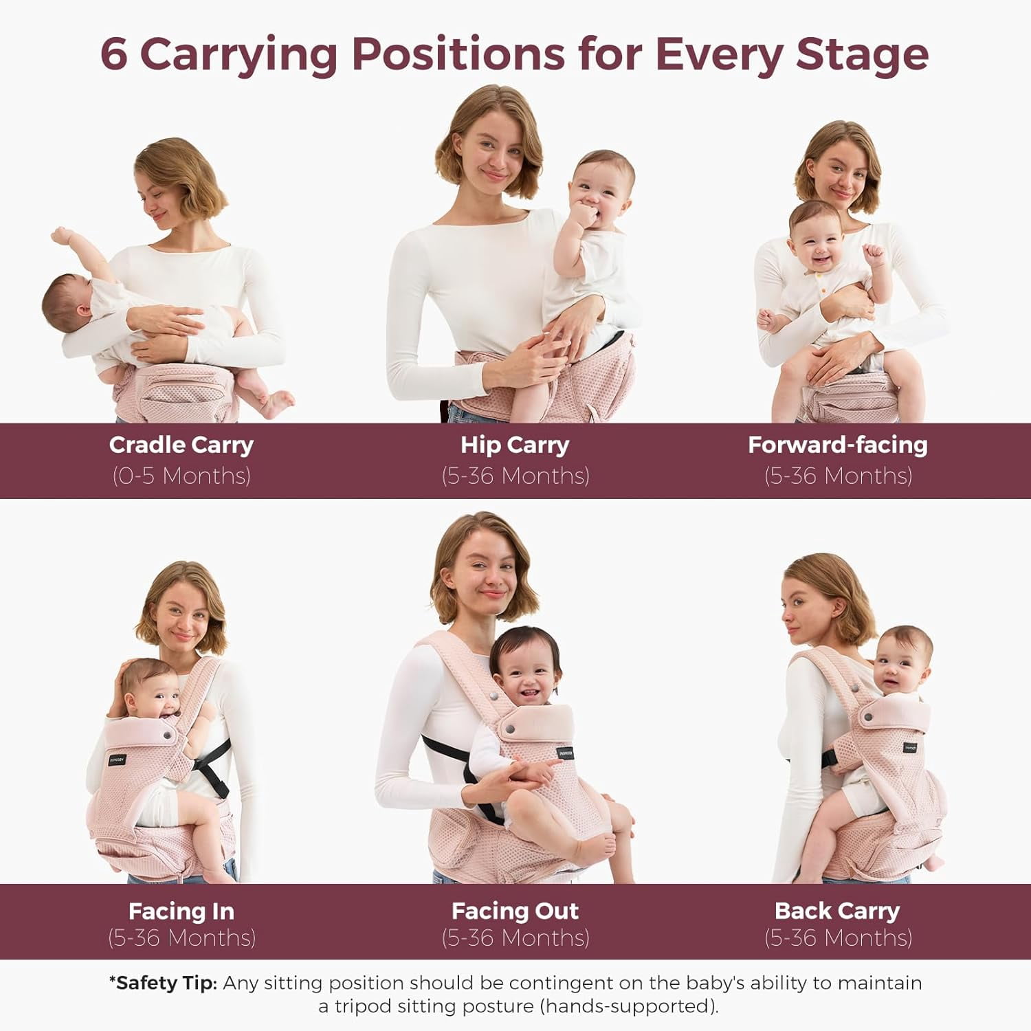 Momcozy Baby Carrier with Hip Seat, 2-in-1 Detachable Hip Seat Carrier for Toddlers up to 43lbs, Forward-Facing Carry for Active Babies Fits Waist Sizes up to 46 Inches, Pink