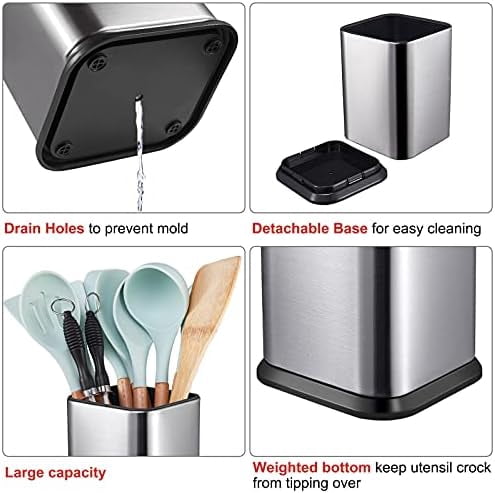 Stainless Steel Kitchen Utensil Holder for Countertop, Spoon Spatula Organizer,Modern Rectangular Large Cooking Utensil Caddy Counter,Utensil Crock Silver