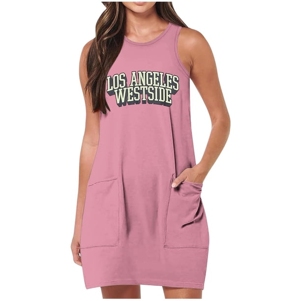 Vestido de Verano para Mujeres, Vestido de Cuello Redondo sin Mangas de Bolsillo de Impresión de Moda Casual Hecha de 95% Poliéster 5% Spandex para Primavera Verano, Vestido Sexy para Mujeres