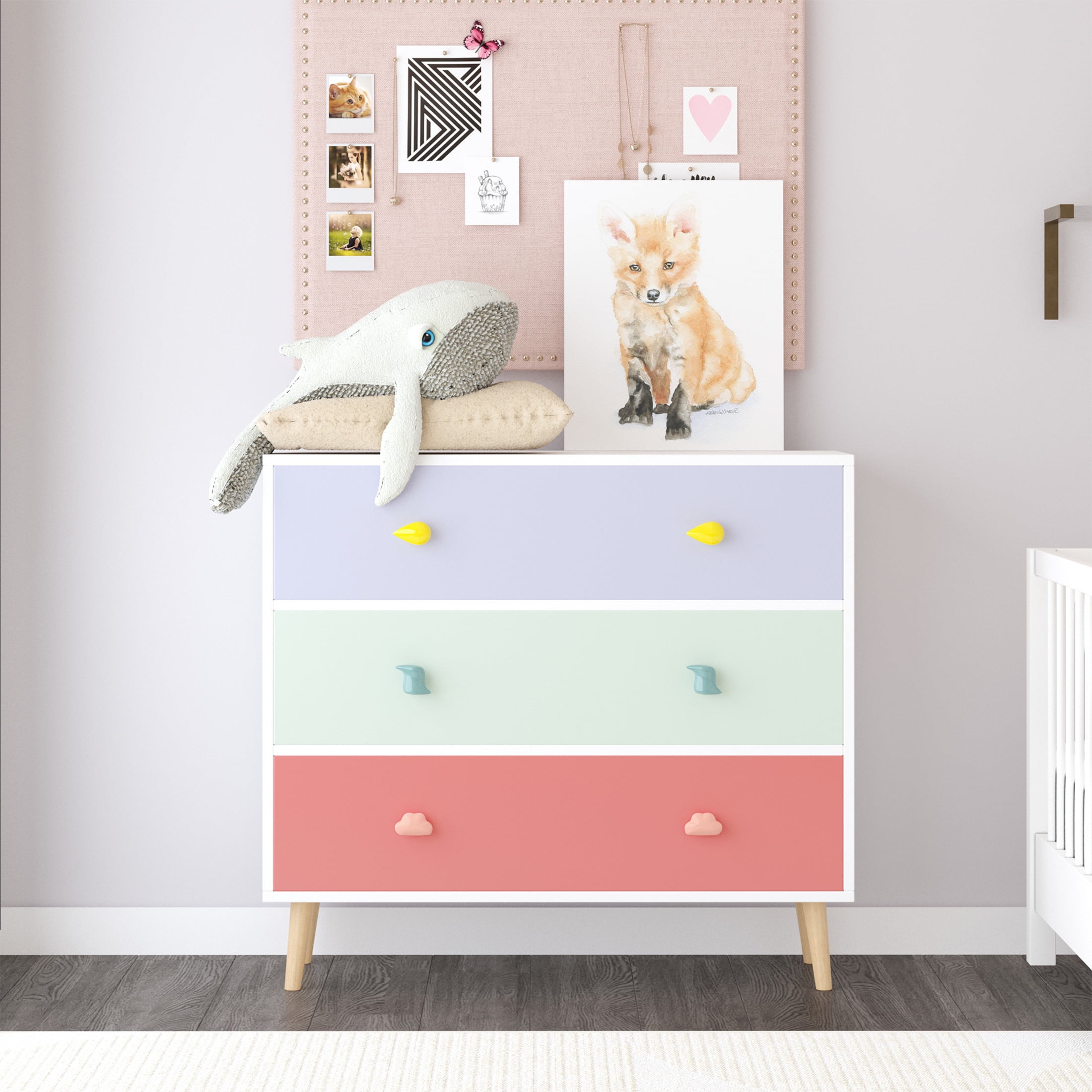 Noble House Godfrey 31.5" Kids 3-Drawer Dresser, Nursery Storage Cabinet, Anti-Tip Baby Nightstand, Multicolor
