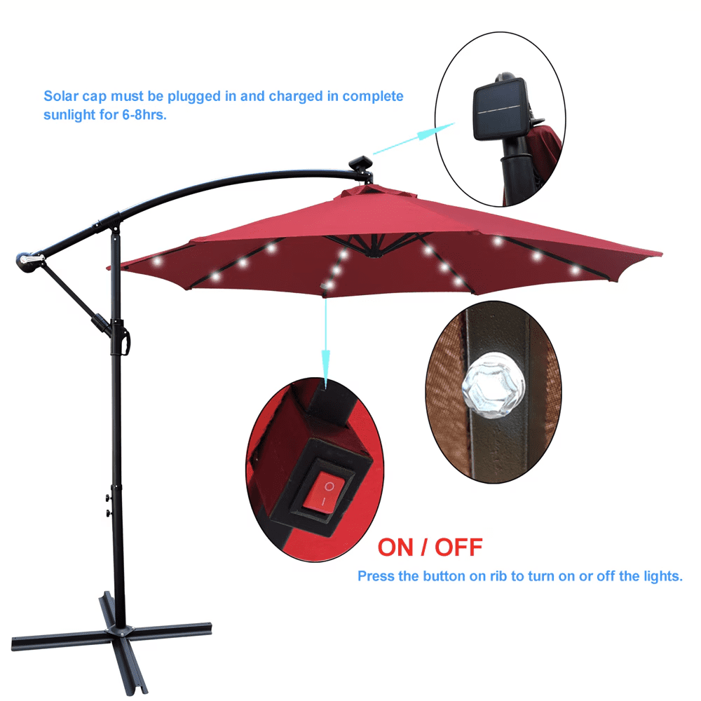 Howcool 10 ft Outdoor Patio Umbrella Solar Powered LED Lighted Sun Shade Market Waterproof 8 Ribs Umbrella with Crank and Cross Base for Garden Deck Backyard Pool Shade Outside Deck Swimming Pool