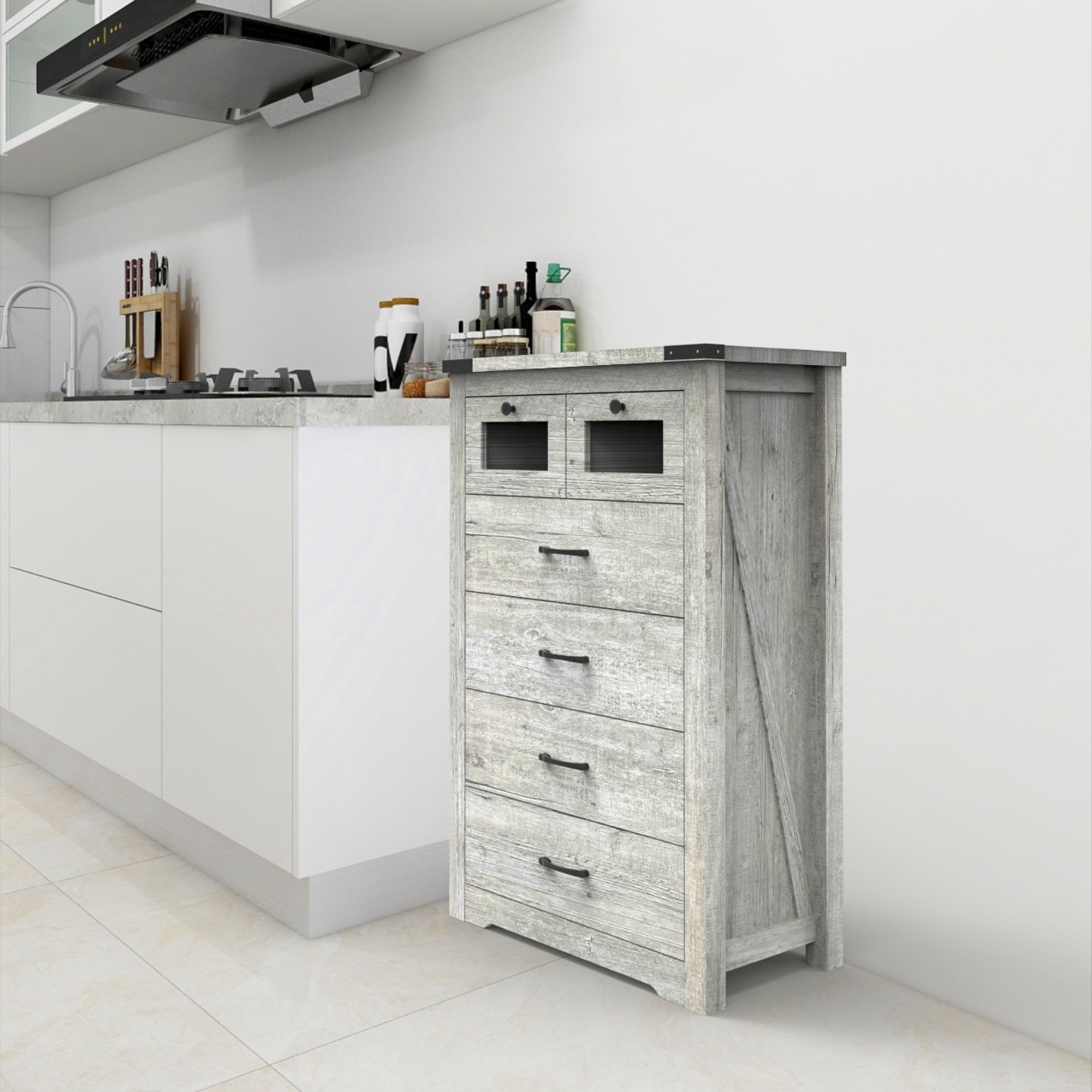 Kadyn 46" Chest of Drawers, Sideboard Buffet Cabinet with 6 Drawers and LED Light, Dresser for Bedroom, Cement Grey