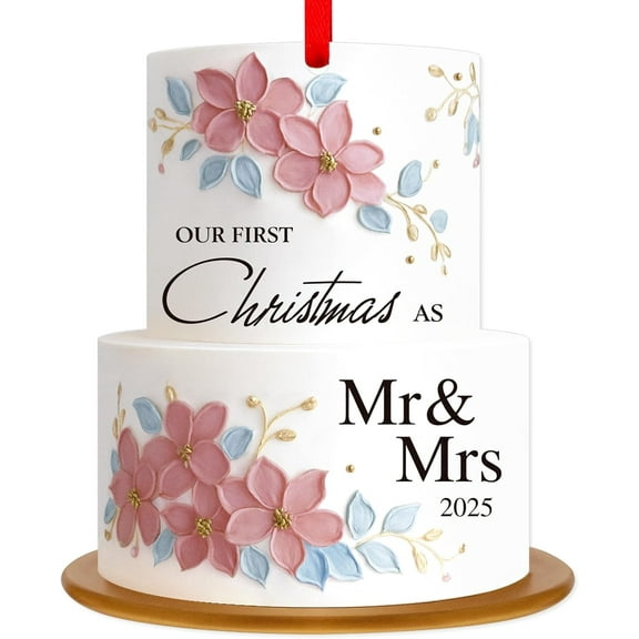 WaaHome Wedding Ornament for Newlywed Couples - Acrylic Our First Christmas as Mr & Mrs 2025 Holiday Decor Cake Shape Engagement Gift Personalized Keepsake for Christmas Tree（2D）