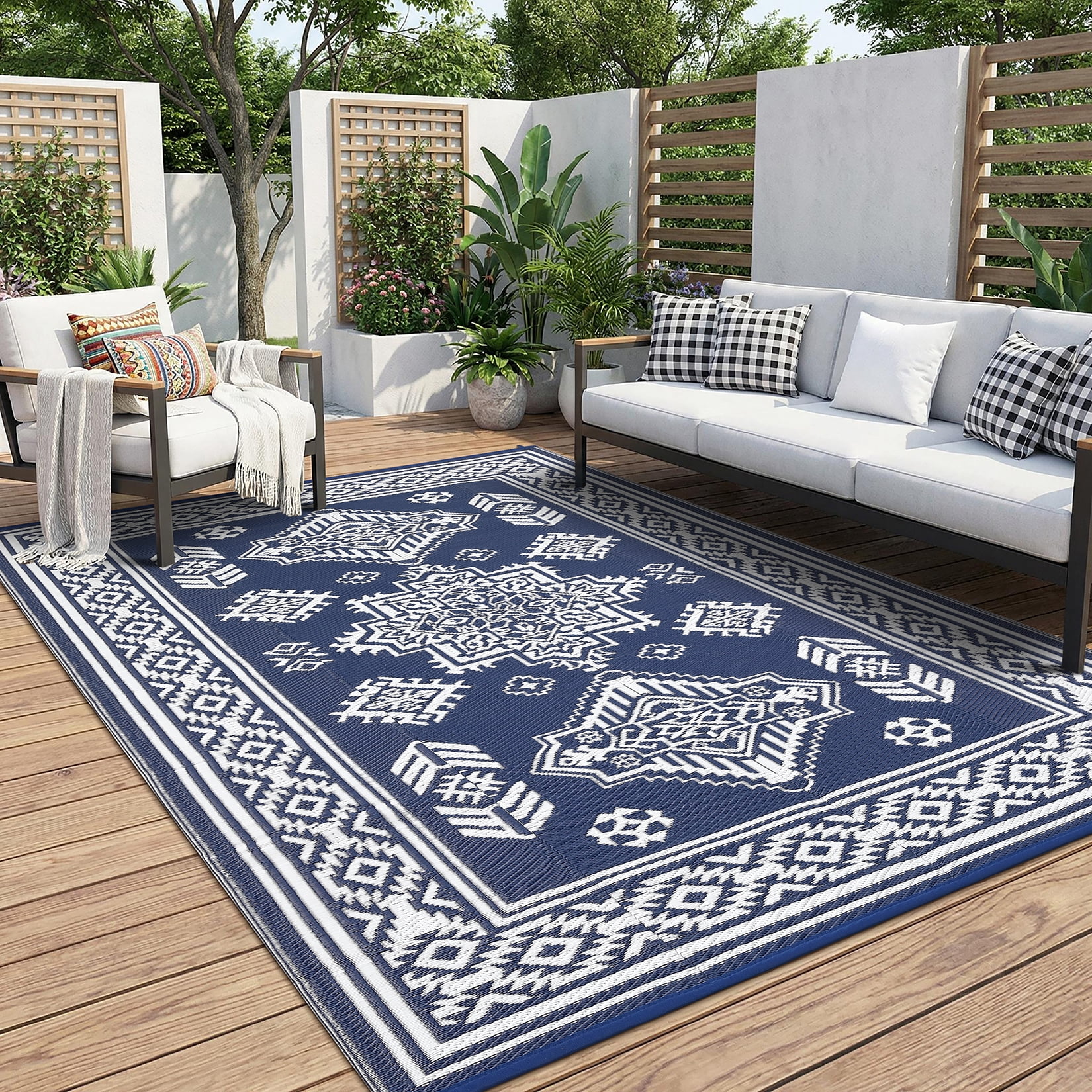 Nanan 9'x18' Indoor Outdoor Rug Boho Waterproof Plastic Straw Patio Rug, Reversible RV Camping Carpet for Backyard, RV, Deck, Porch, Balcony, Dark Blue