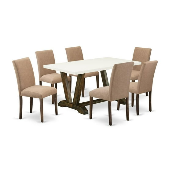 East West Furniture V-Style 7-piece Wood Dining Table Set in Jacobean Brown