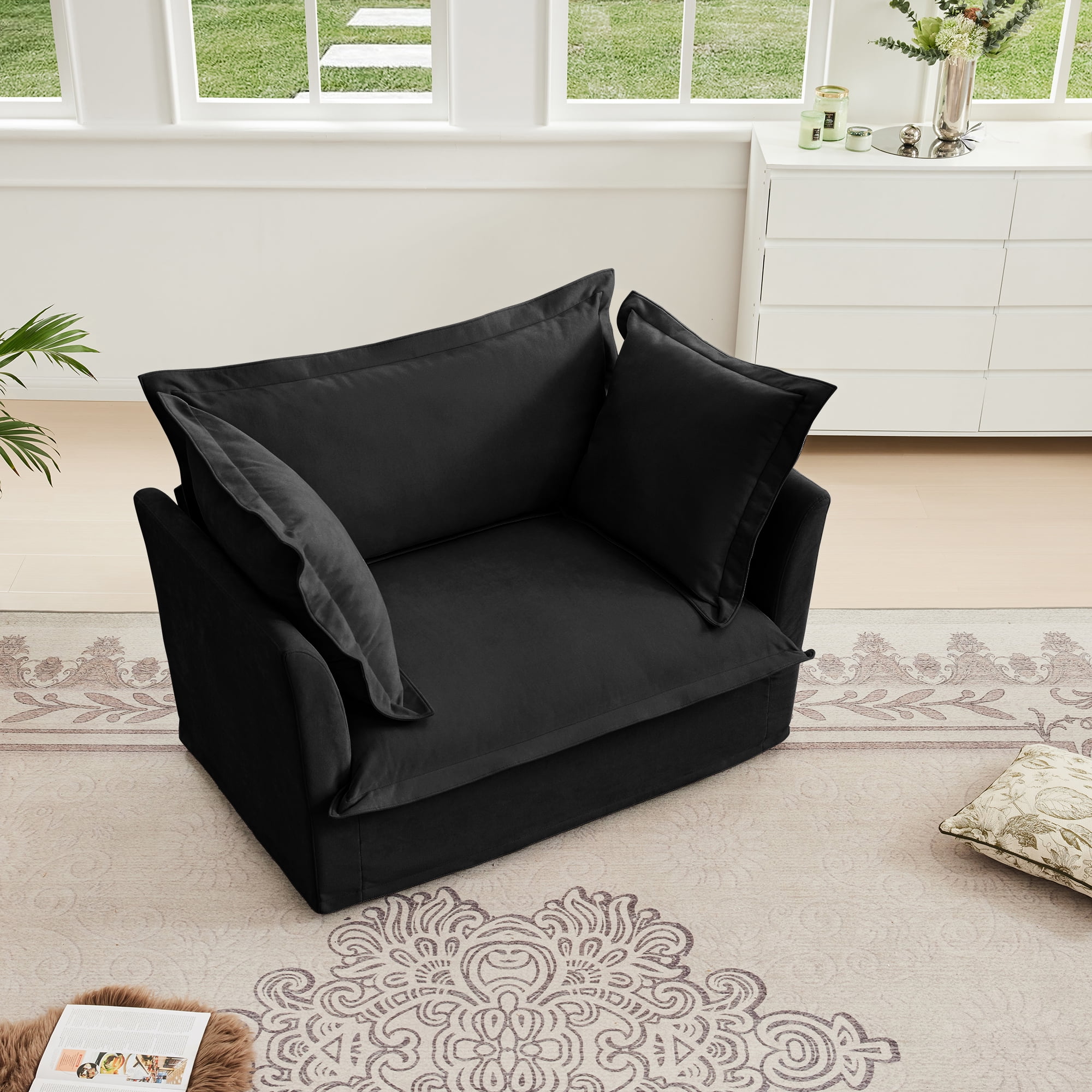 Gewnee Chenille Fabric Black Deep Seat Singel Accent Chair Sofa Couch for Living Room, Reading Room, Bedroom and Working Spaces