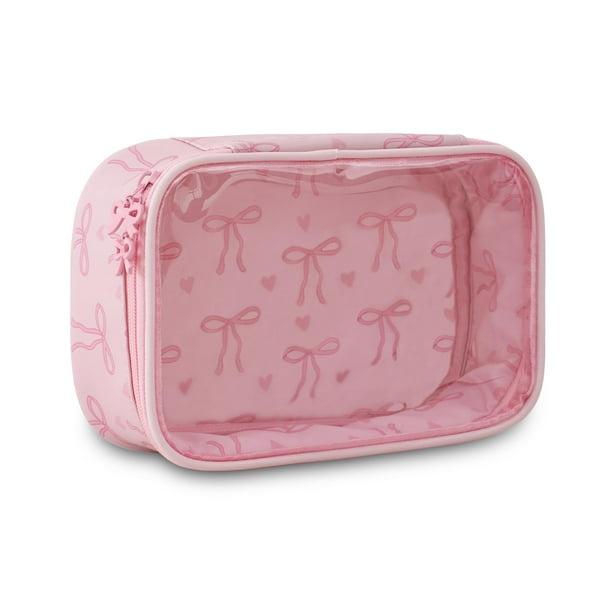Bolsa de maquillaje DYSHAYEN transparente para mujeres y niñas, viajes, lazo rosa