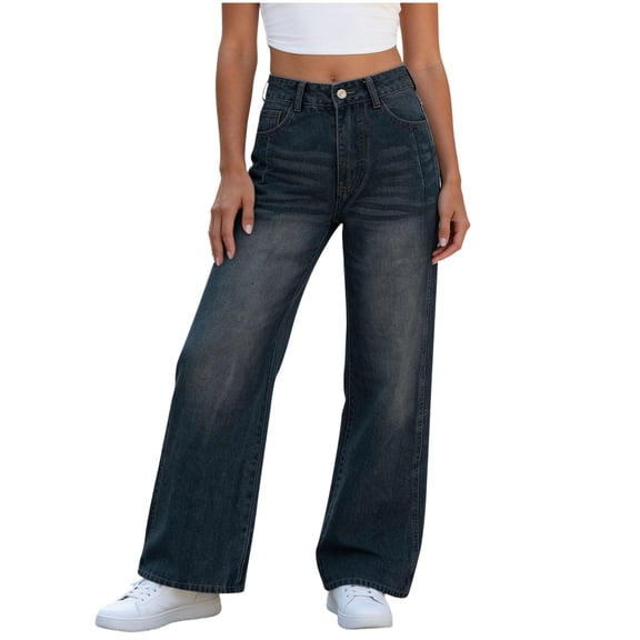 cocolona Women's Summer Casual Jeans Elastic Waist Straight Wide Leg Denim Pants with Pocket