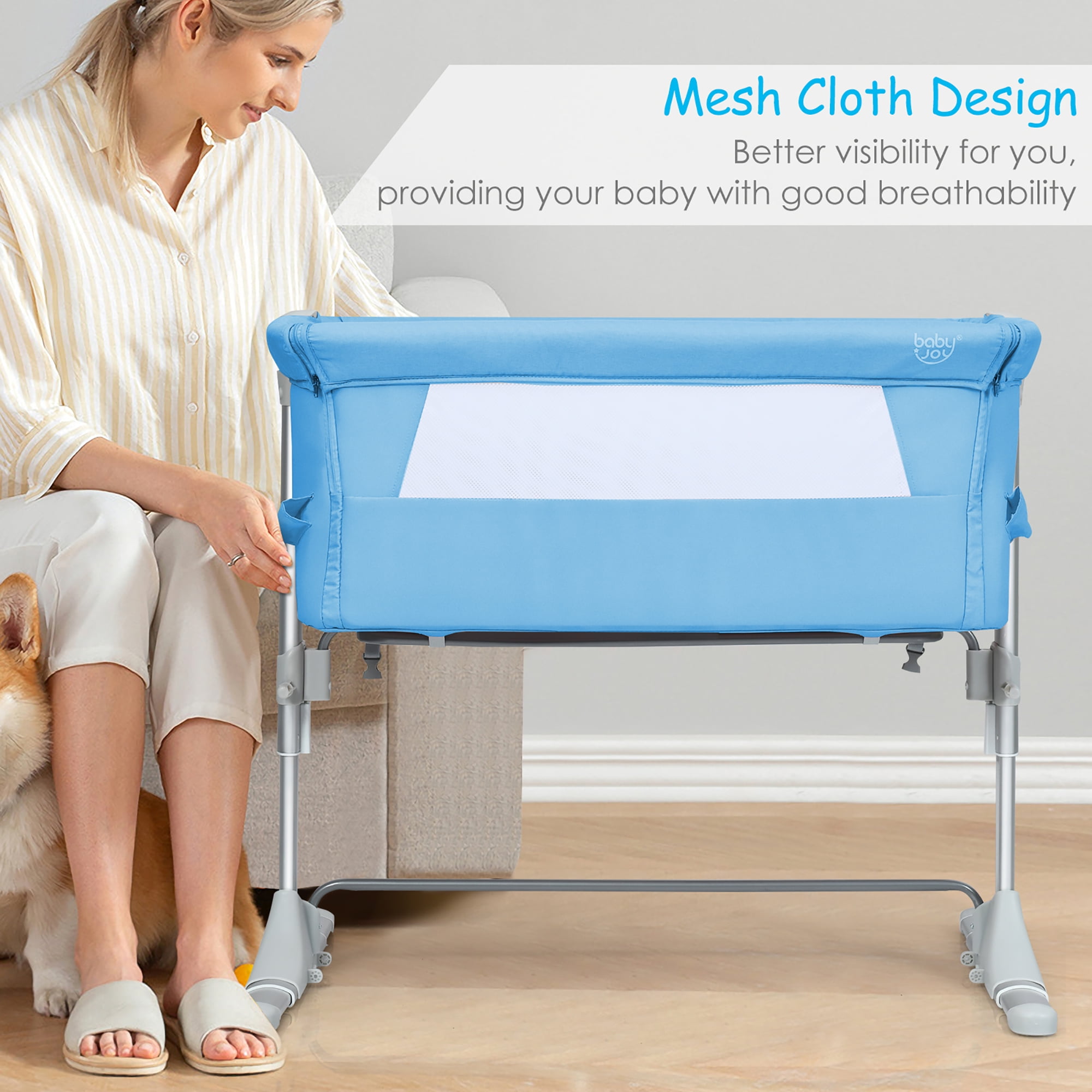 Costway Baby Playard Bassinet Bed Side Crib Infant Sleeper Breathable Mesh with Carrying Bag Blue