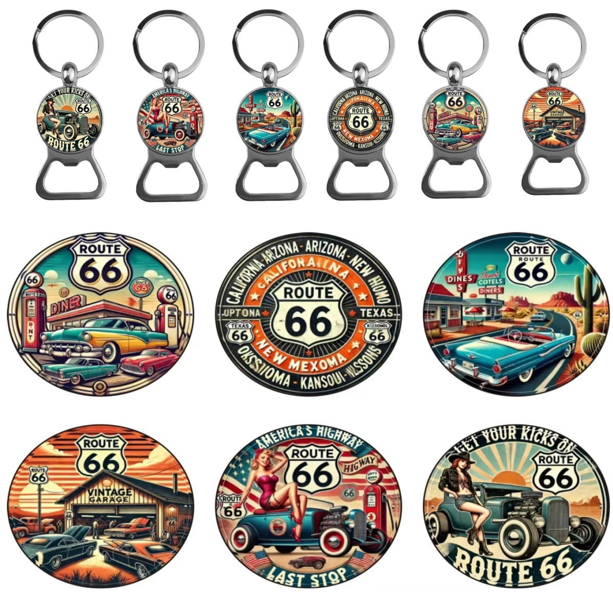 12PCS American Route 66 Bottle Opener Keychain Fashion Classic Key Ring with Round Glass Style