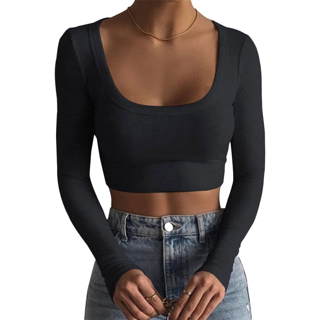 Faithtur Femmes Chemise Courte Manches Longues Profond Col Rond Solide Couleur Tricot Crop Tops Rue Casual Parti Rue Printemps Automne Tops