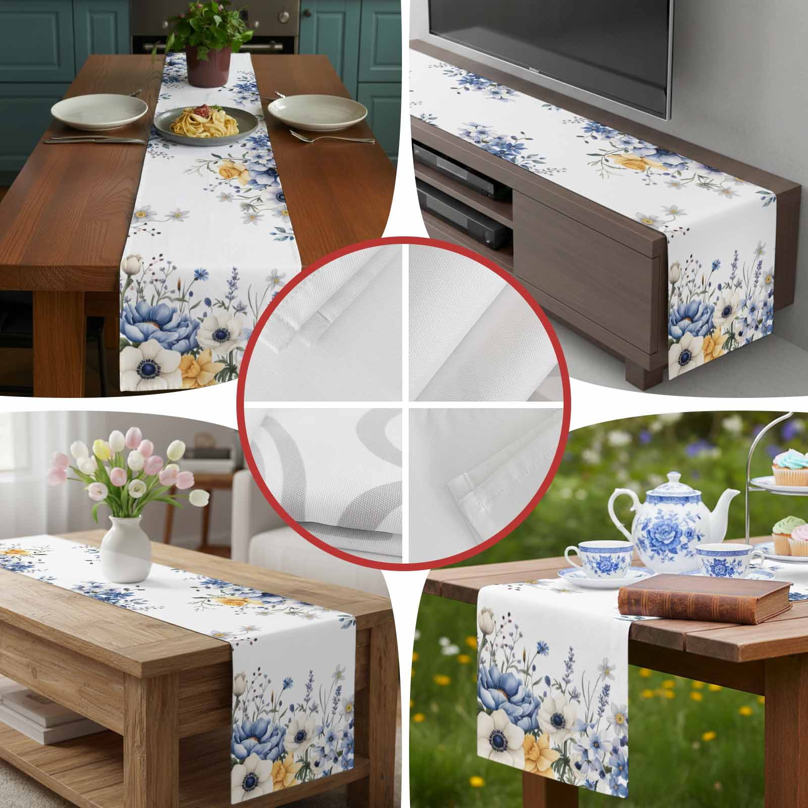 Country Blue Flowers Table Runner 90 Inches Long, Watercolor Eucalyptus Leaves Table Runners Tabletop Scarf Kitchen Dining Tables Decoration for Home Party Indoor Outdoor