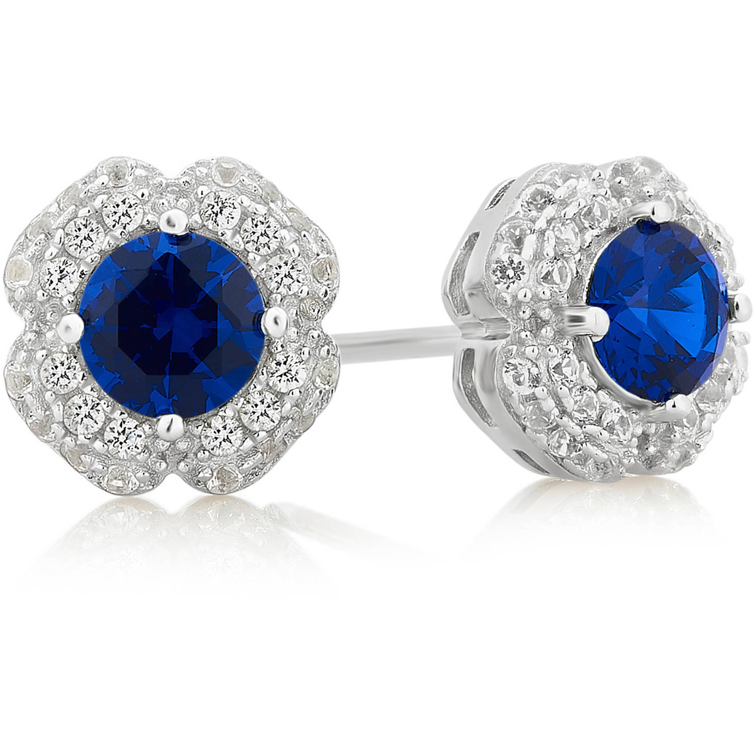 Arista Created Blue and White Sapphire Gemstone White Flower Frame Women's Stud Earring in Sterling Silver