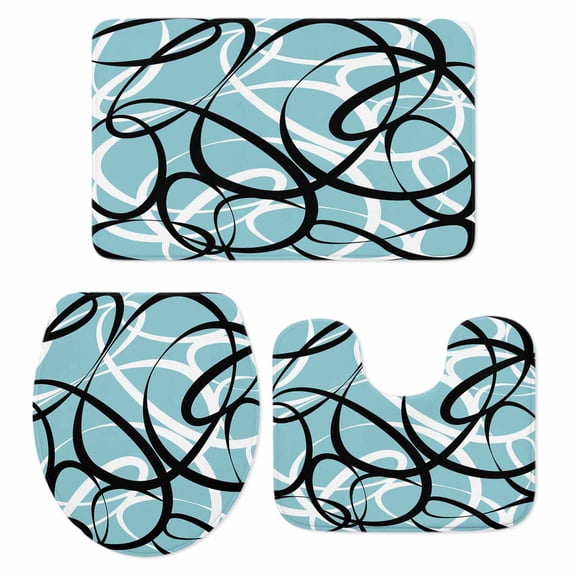 Abstract Wave Line Bathroom Rugs Set Black White Teal Geometric Stripe Modern Non Slip Absorbent Soft Bath Mats 3 Piece Set with Bathroom Rug, U-Shaped Floor Mat, Toilet Seat Cover Small Size