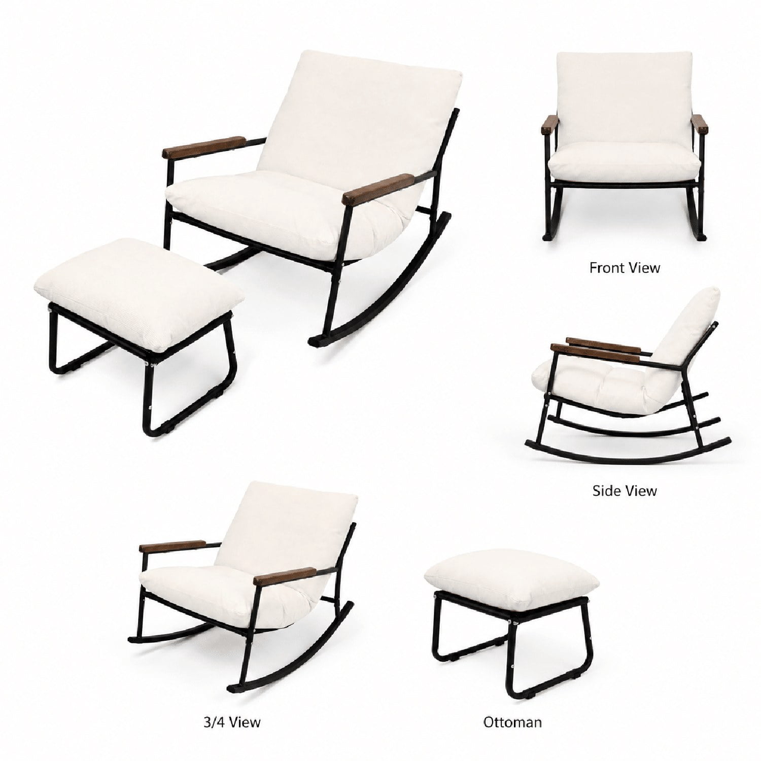 Papasan Rocking Chair with Thickened Cushion and Matching Ottoman, Solid Wood Armrests and Rockers, Comfy Reading Lounge for Nursery, Living Room, Bedroom, Porch and Balcony