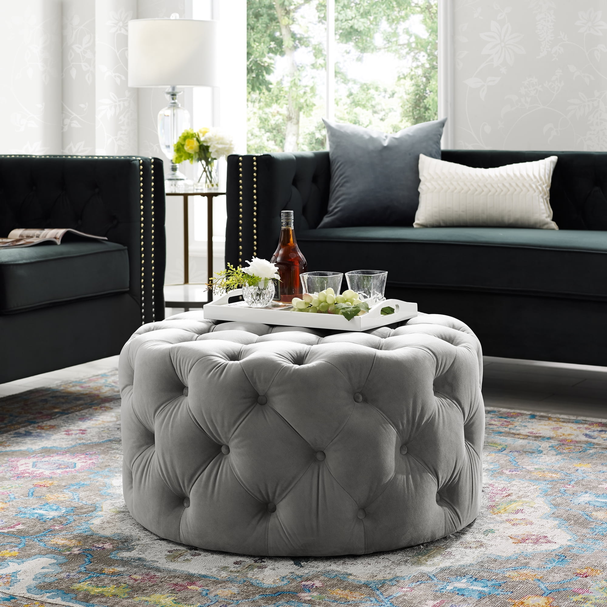 Inspired Home Tracy Velvet Cocktail Ottoman Allover Tufted Round
