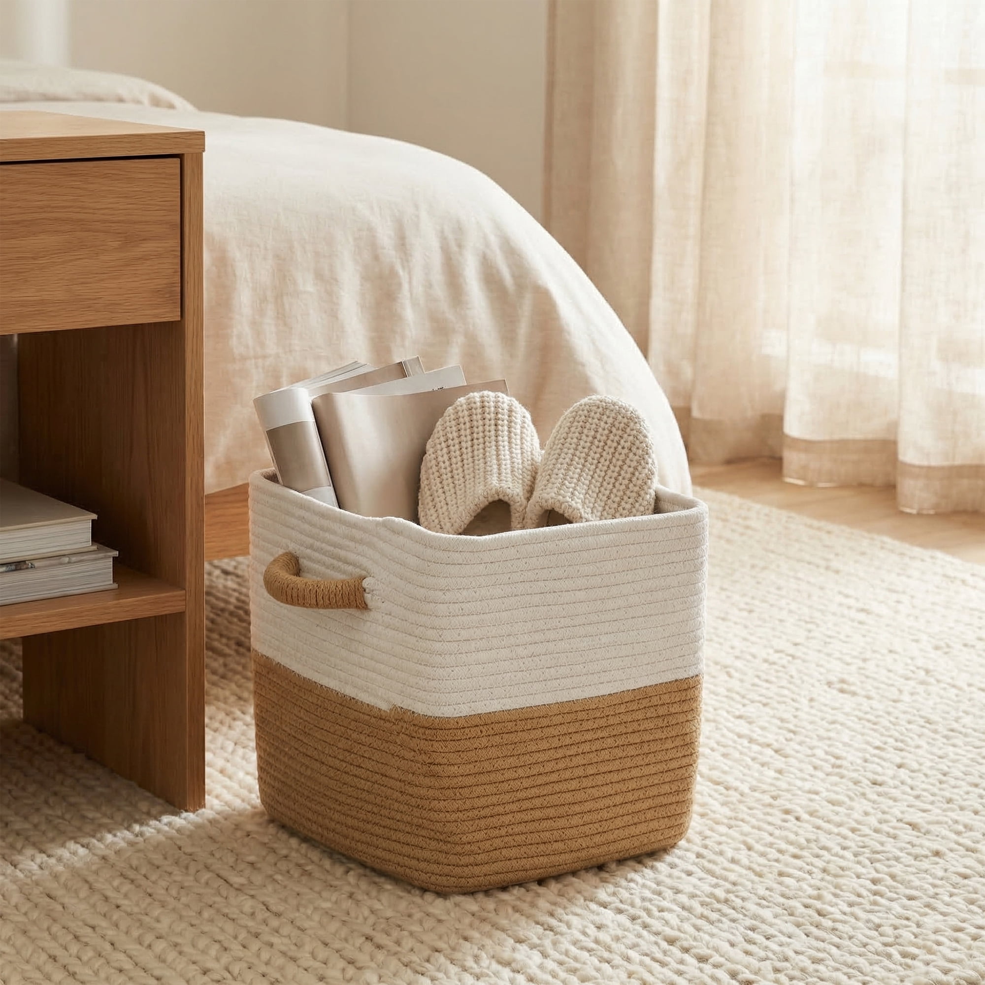 Unique Bargains Woven Storage Basket Shelf Closet White Brown 11*11*11in