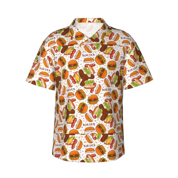Fotbe Burger Camisa Hawaiana para Hombre Unisex – Camisa Casual de Verano con Botones de Manga Corta de Algodón y Lino,Large