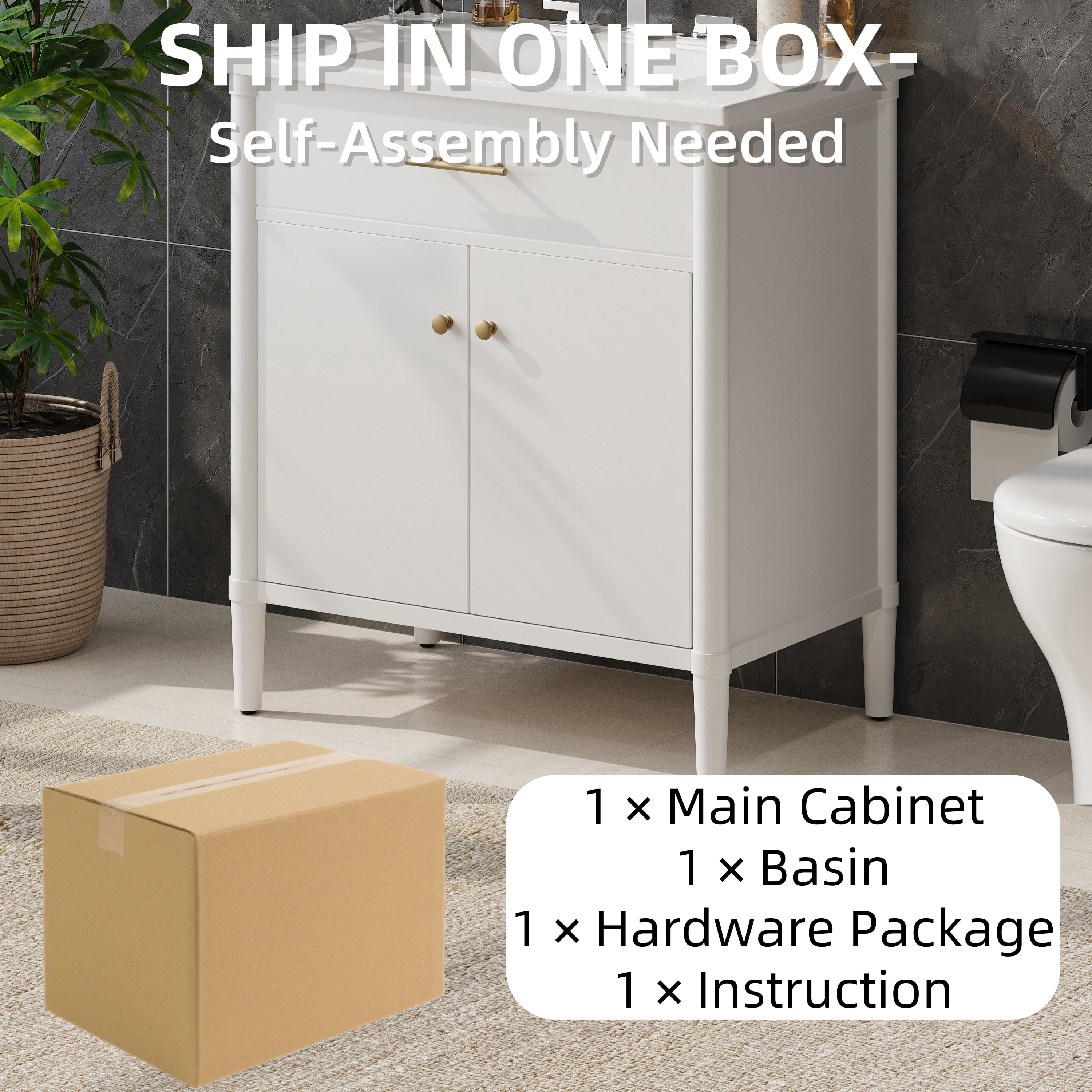 Euroco 31" Bathroom Vanity with Sink, Bathroom Cabinet with Soft Close Doors and Adjustable Shelf, Curved Profile Design, Rubber Wood Legs, White