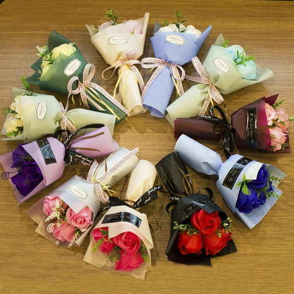 Ludlz 3 Heads Artificial Rose Bouquet Hand Holding Soap Flower Valentine Day Gift