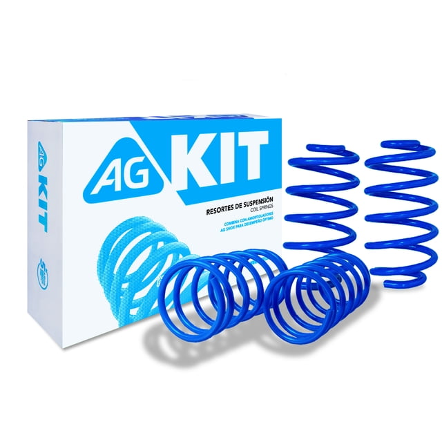 resortes ag kit para auto para nissan tiida 2006 a 2018 4 piezas nuevos Conjunto de 4 resortes deportivos AG Kit en azul, vista frontal con dos resortes verticales y dos horizontales frente a la caja blanca y azul con logo AG; diseñados para reducir la altura 4–5 cm y compatibles con Nissan Tiida 1.6L y 1.8L según especificación. Apto también para proyectos de tuning urbano por su tamaño compacto.