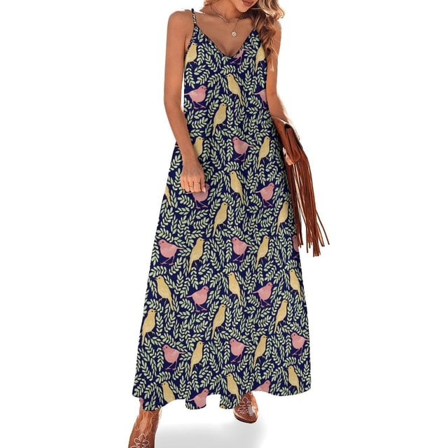 Vestido largo vintage con diseño de pájaros y flores, bonito vestido bohemio de playa, tirantes para mujer, personalizado, talla grande 5XL