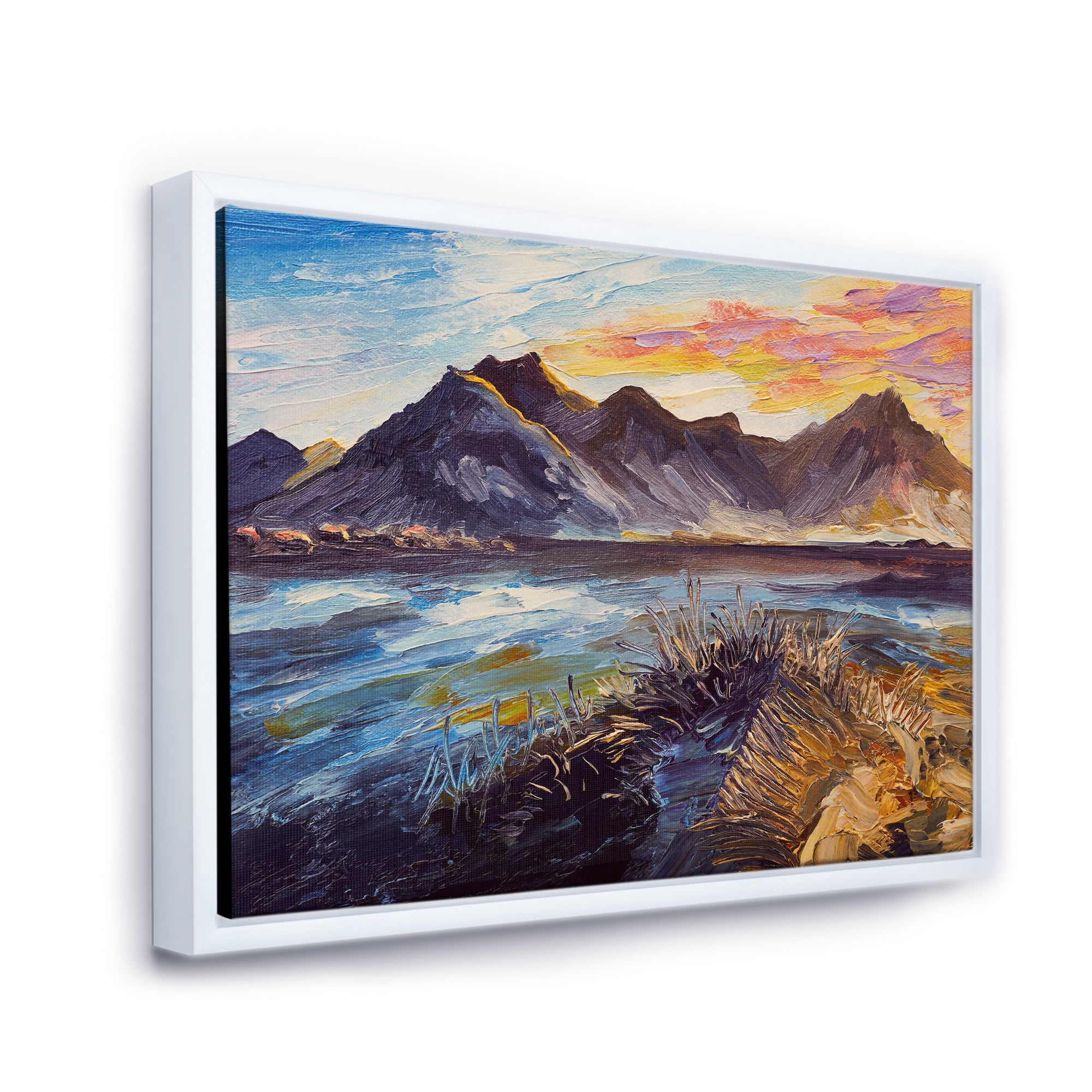 Impression Pink Sunset Over The Mountains By The Sea 32 in x 24 in Framed Painting Canvas Art Print, by Designart