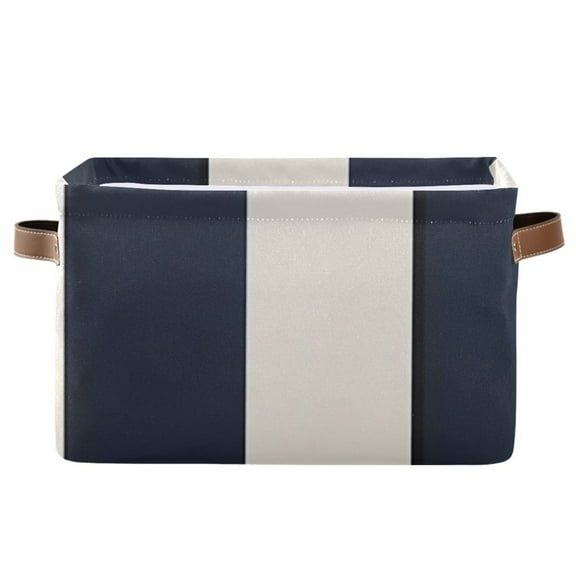 Navy Blue Wide Vertical Stripes Square Storage Bins with Handles Collapsible Containing Box 1 Pack