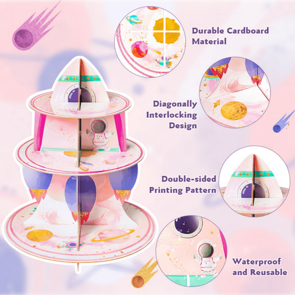 Laffact 3 Tiers Pastel Rocket Cupcake Stand, DIY Watercolor Space Theme Dessert Tower Holder for Birthday Gender Reveal Wedding Party