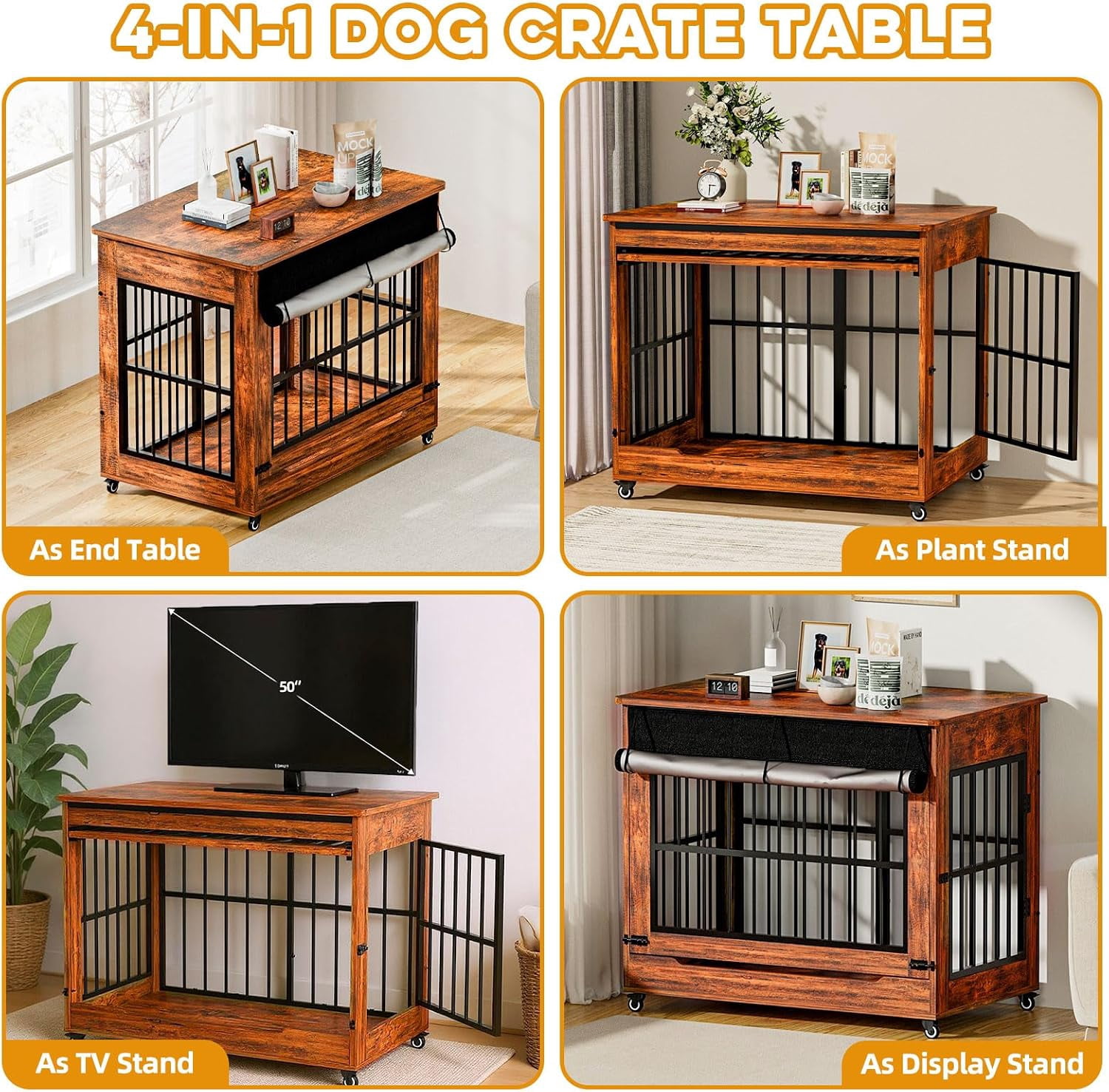 46" Large Dog Crate Furniture, Double Door Wooden Indoor Dog Kennel End Table with Wheels, Decorative Pet Cage for Extra Large Breeds, Vintage Brown