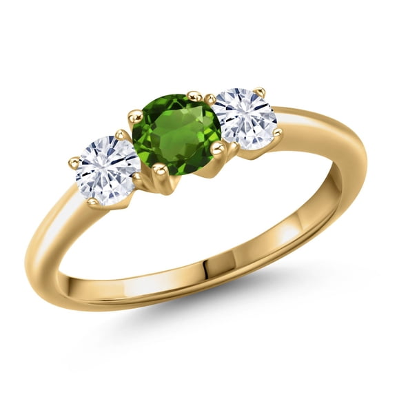 Gem Stone King 18K Yellow Gold Plated Silver Green Chrome Diopside and White Moissanite Engagement Ring for Women | 0.96 Cttw | Round 5MM | Gemstone Birthstone | Size 5